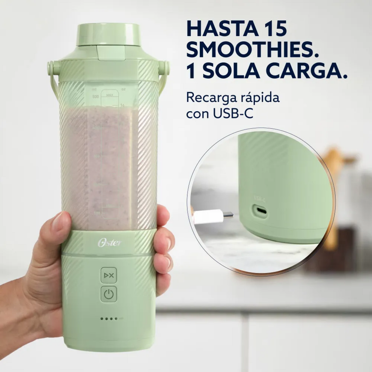Licuadora Portatil Recargable USB-C Oster GoMax 590 ML Verde